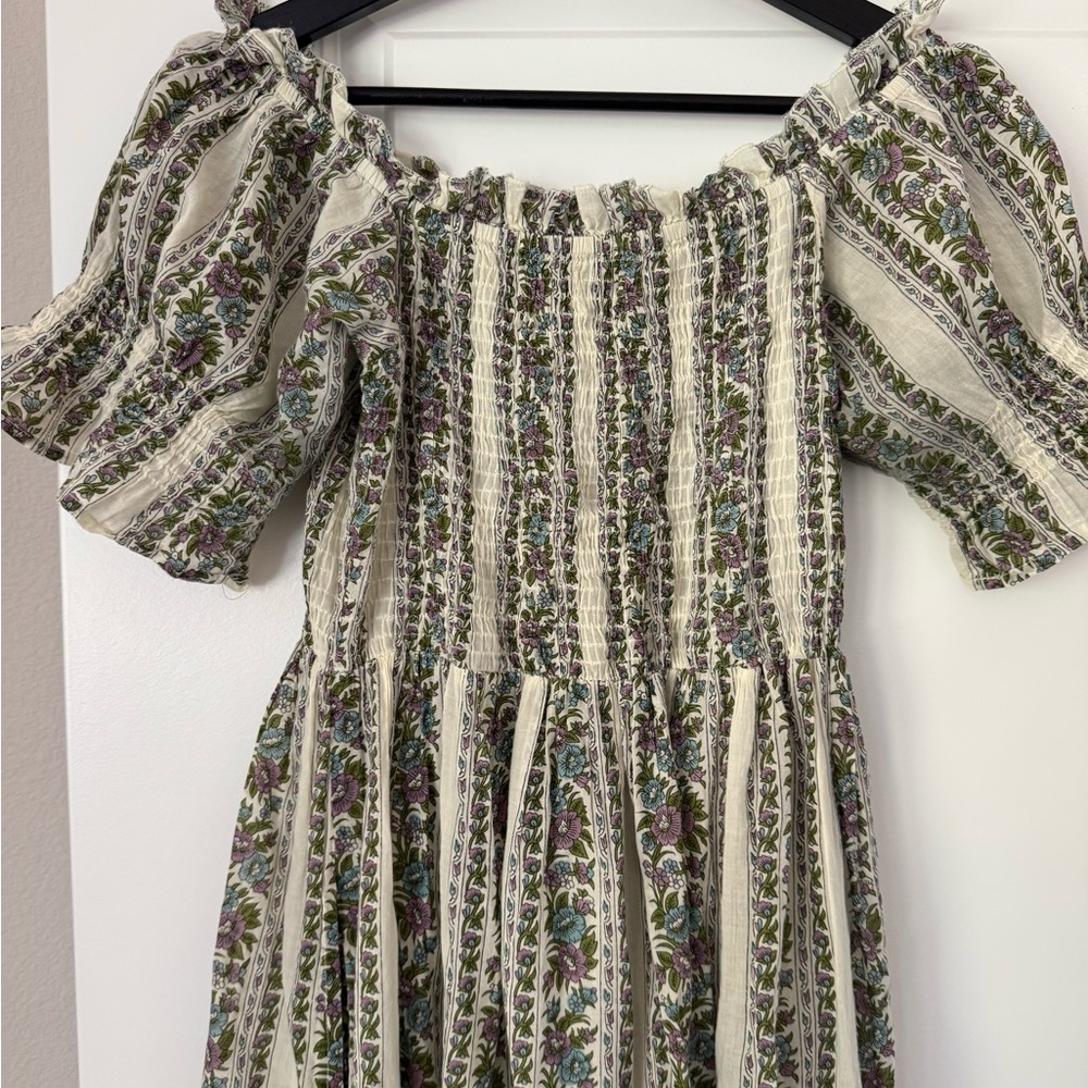 Mille Smocked Off-Shoulder Floral Midi Dress in Cream and Green